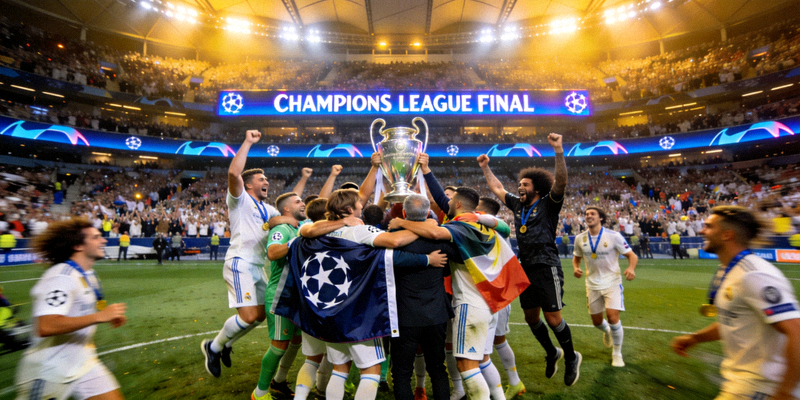 欧冠决赛赛后球员庆祝胜利精彩瞬间